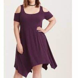 NWT - Torrid Purple Cold Shoulder Handkerchief hem dress